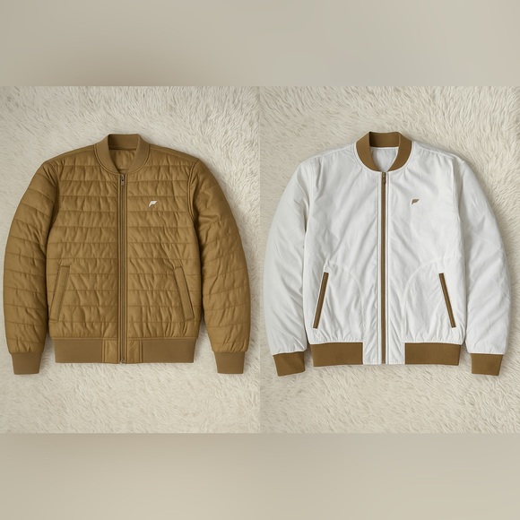 Fabletics NWT The Essential Reversible Fabletics Bomber Jacket Tan/White Medium - Picture 2 of 16